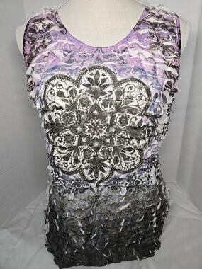 Janeric Sz M Layered Ruffle Crinkle Tank Top Bohemiam Mandala Purple USA Y2K